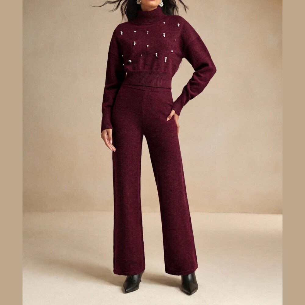 Black Rhinestone Embellished High Neck Crop Sweater Wide Leg Knit Pants Set